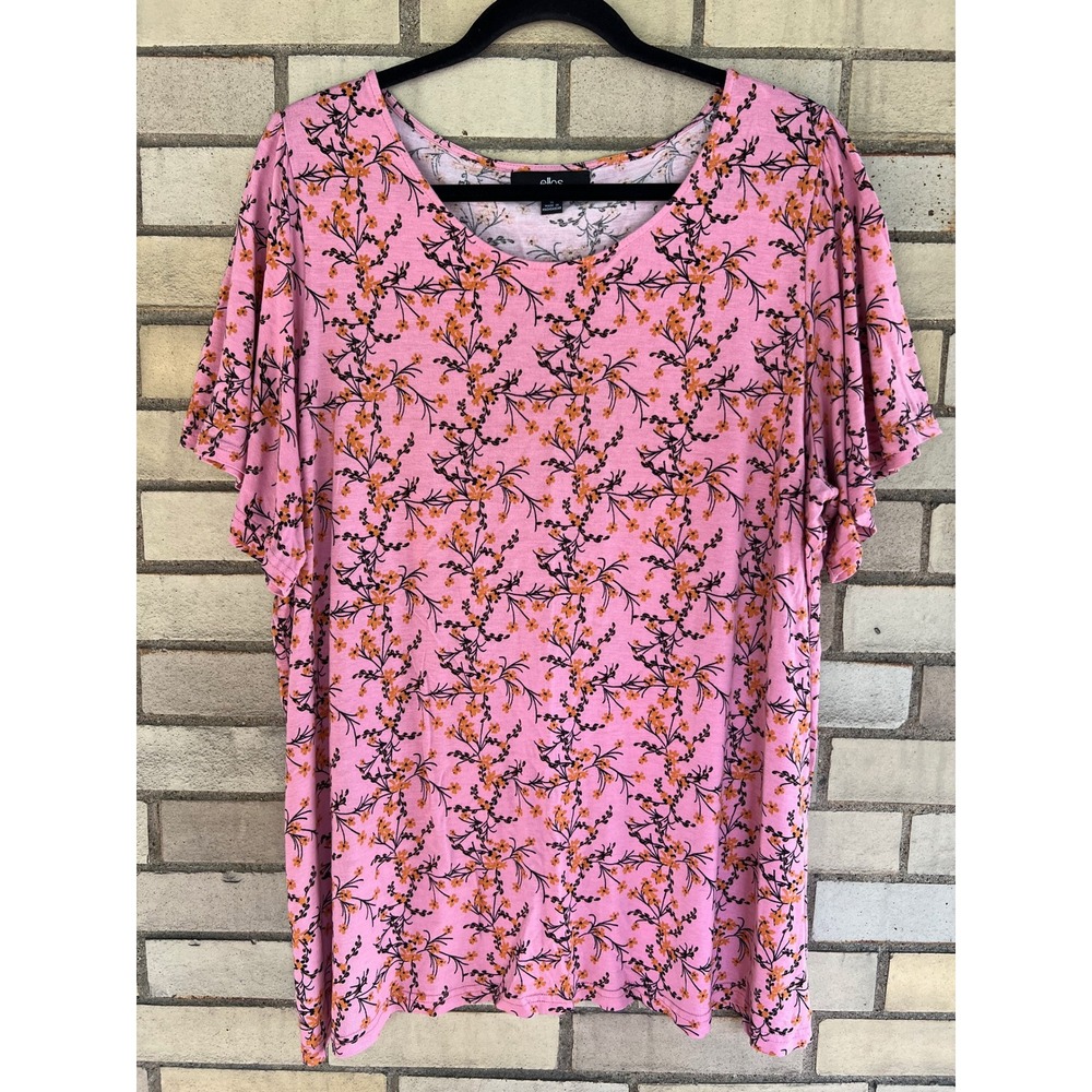 Ellos Pink Floral Short Flutter Sleeve Scoop Neck Stretch Knit Top Size 1X 22/24